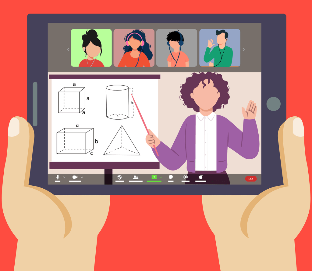 An illustration of hands holding a tablet device displaying a virtual meeting. In the center of the tablet is a cartoon teacher explaining a concept and four smaller images of students across the top represent students listening in via their webcams and computers.